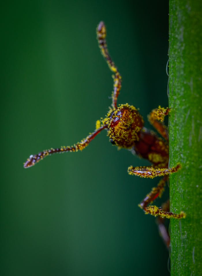 Detailed macro photograph of an ant with pollen on a green leaf, showcasing intricate details.